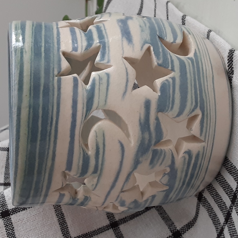 Studio Art Pottery Moon Stars Luminary Marbled Blue Green Artist Signed Finley